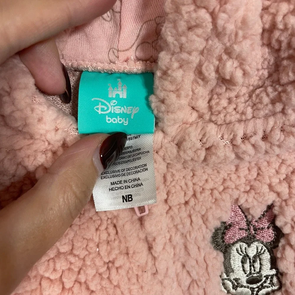 Disney Baby Minnie‎ Mouse Pink Sherpa Fleece Hooded Footed Jumpsuit - SizeNB